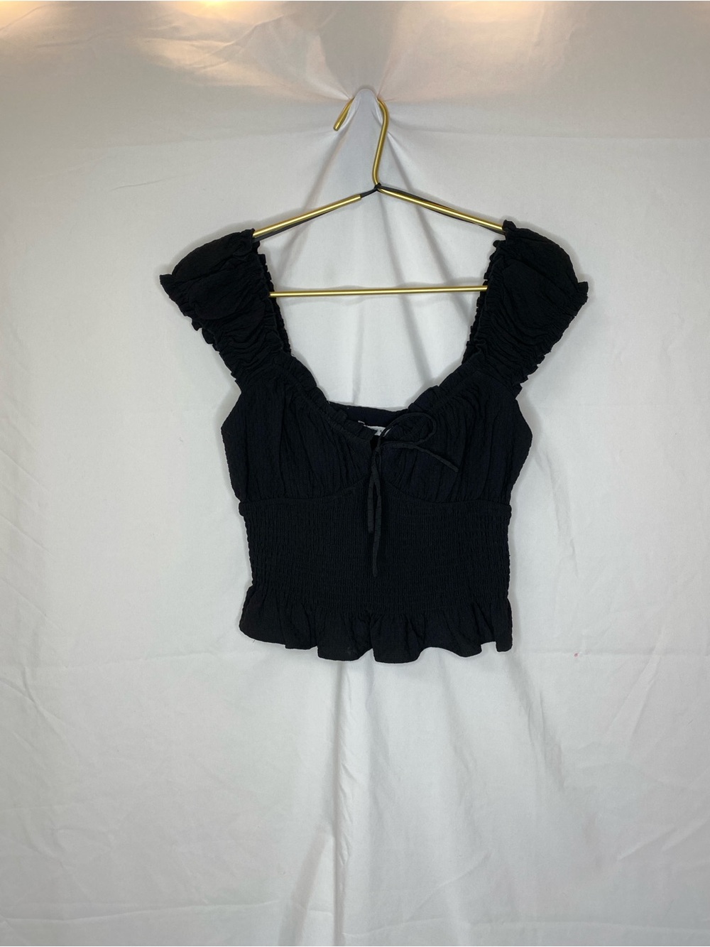 Lush Black Smocked Ruffle Crop Top with Tie-Front size small
